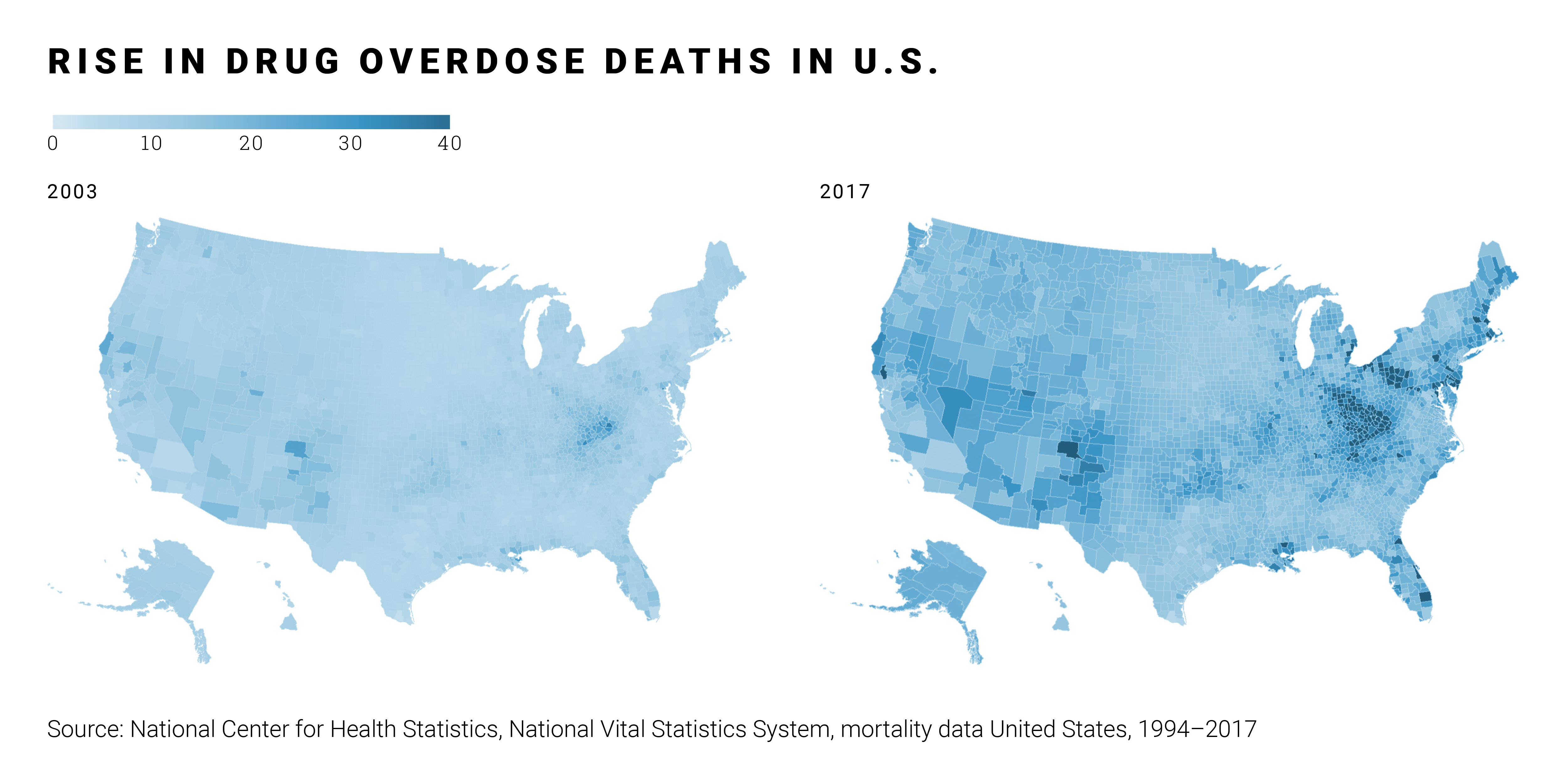 Map showing the rise in drug overdose deaths in the U.S. between 2003-2017