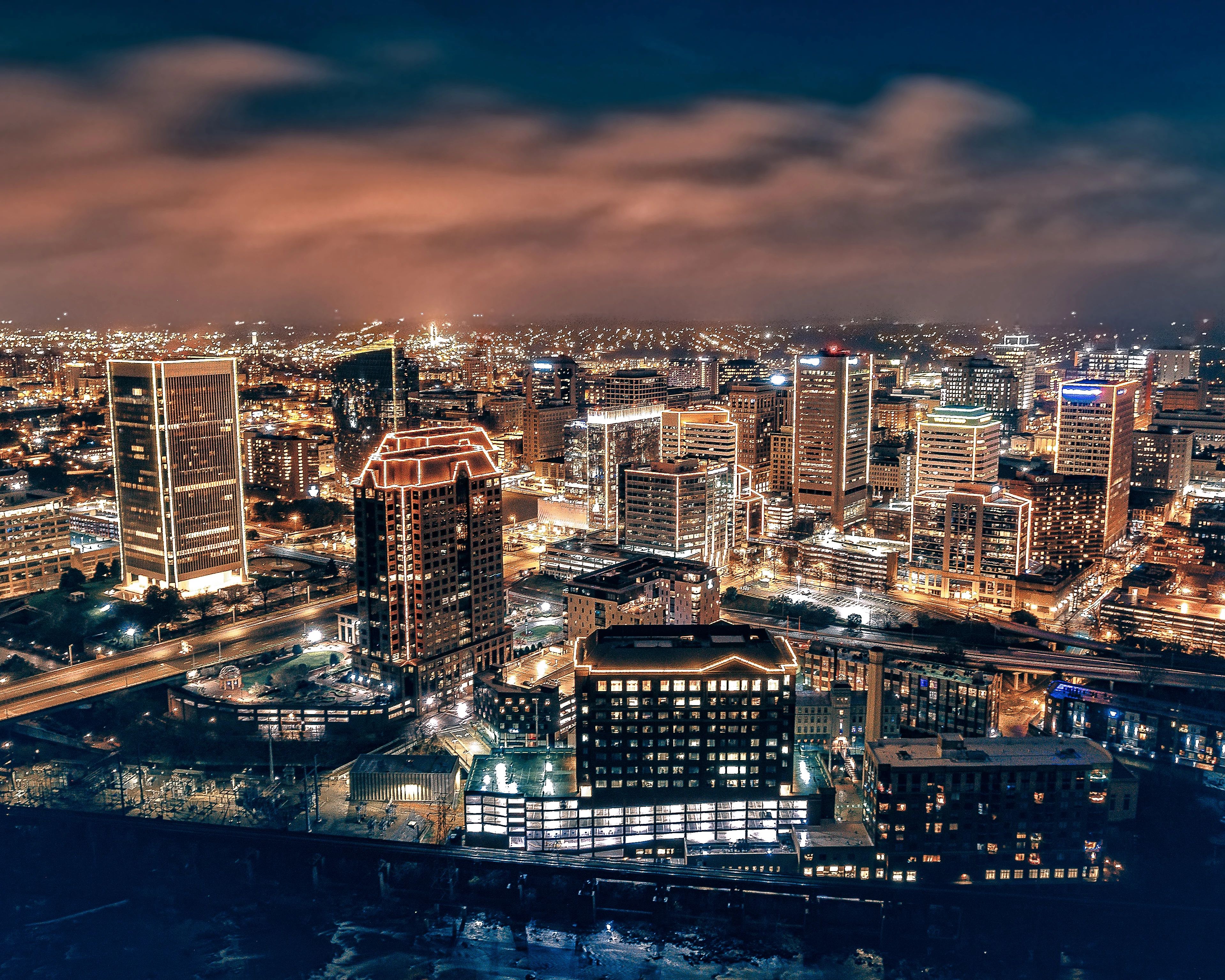 Nighttime skyline aerial of Downtown Richmond