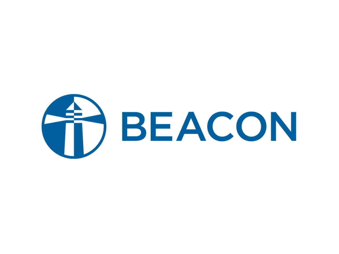 Blue beacon roofing supply logo with a lighthouse