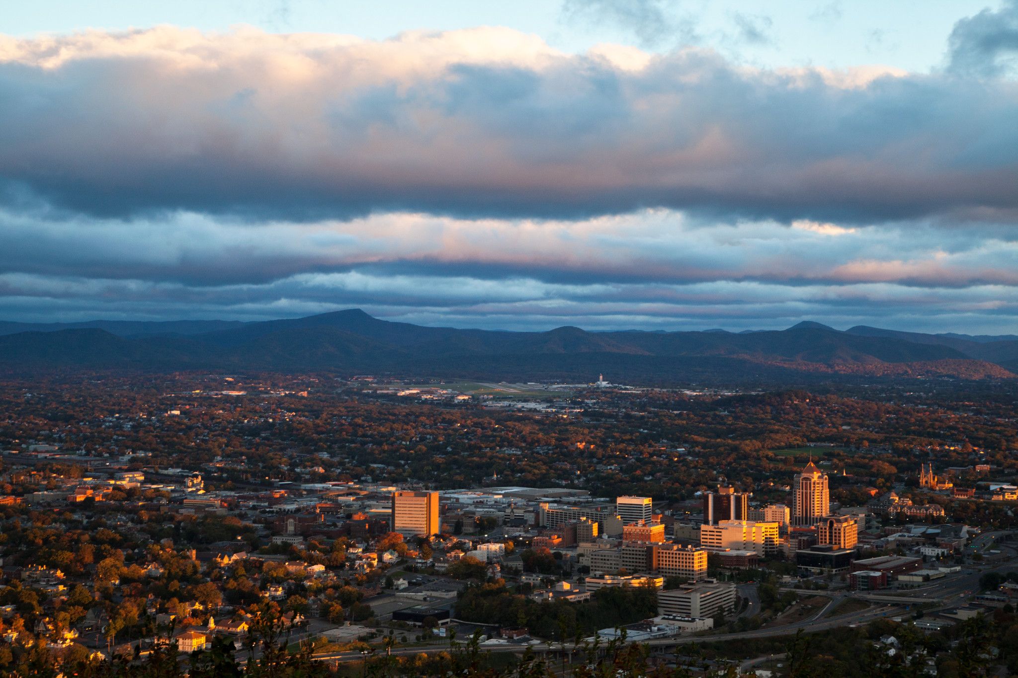 Aerial skyline view of Mill Mountain Overlook in Roanoke