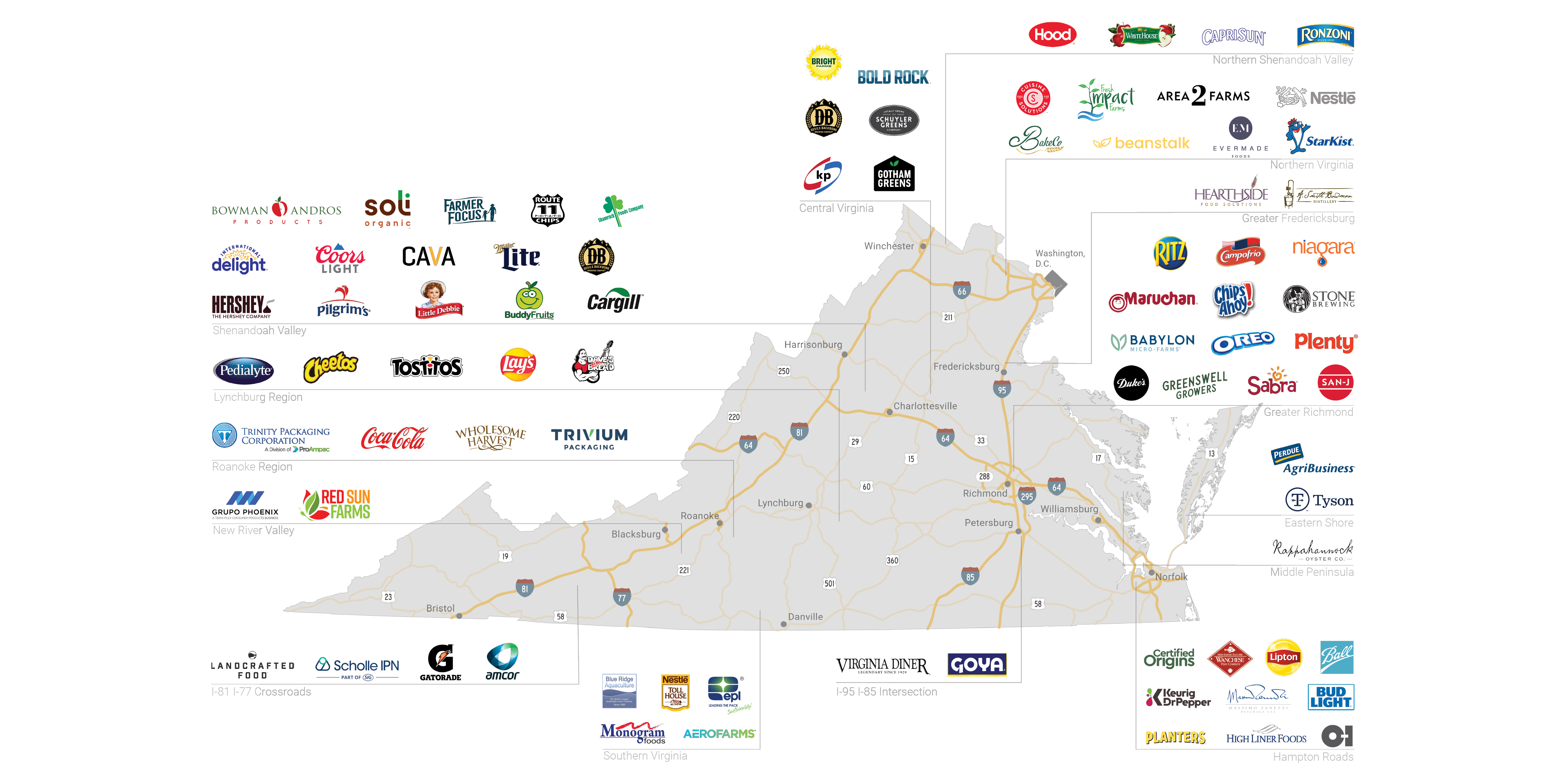 Map of Virginia with all Food and Beverage company logos