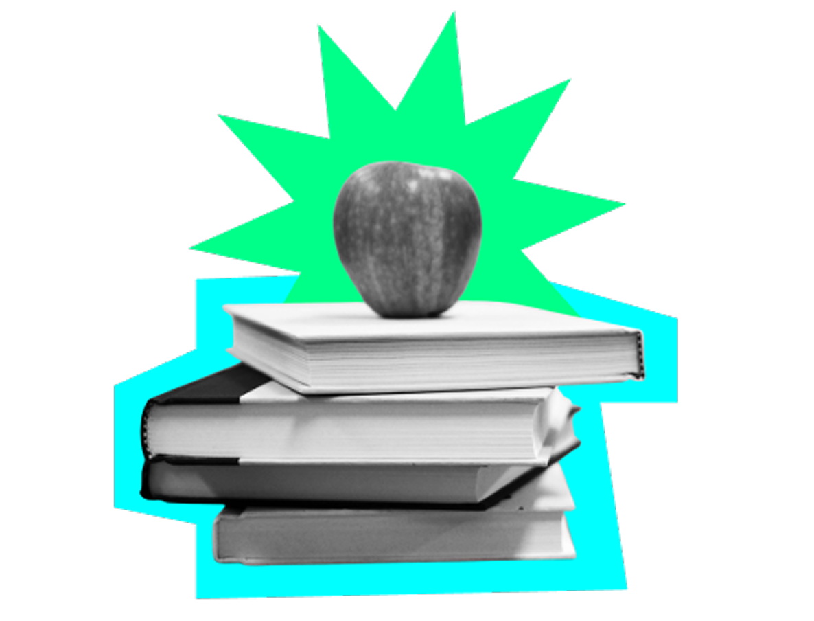 An apple sits on top of three books