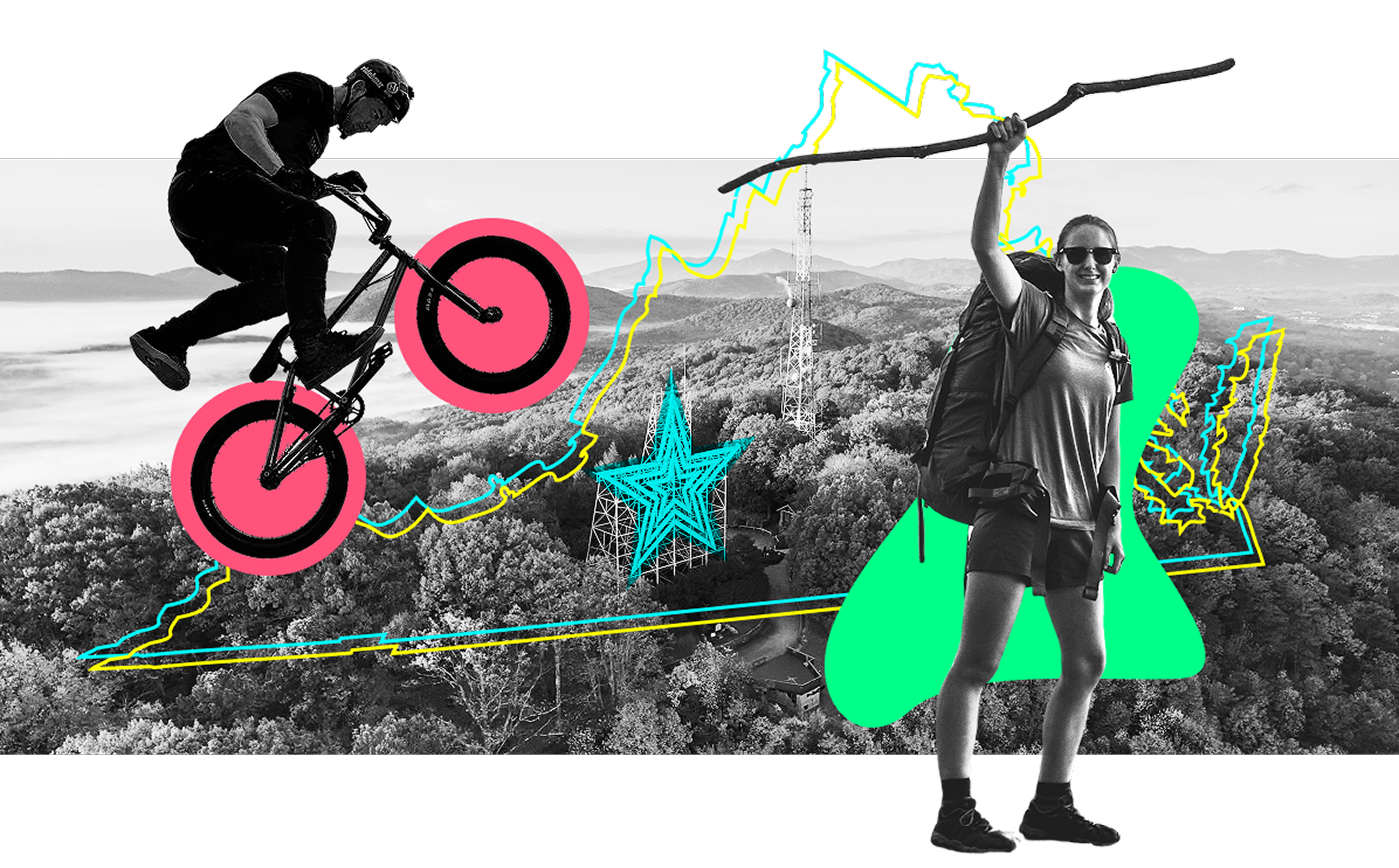 Images of a cyclist, a hiker and the Roanoke Star displayed in a mixed media design