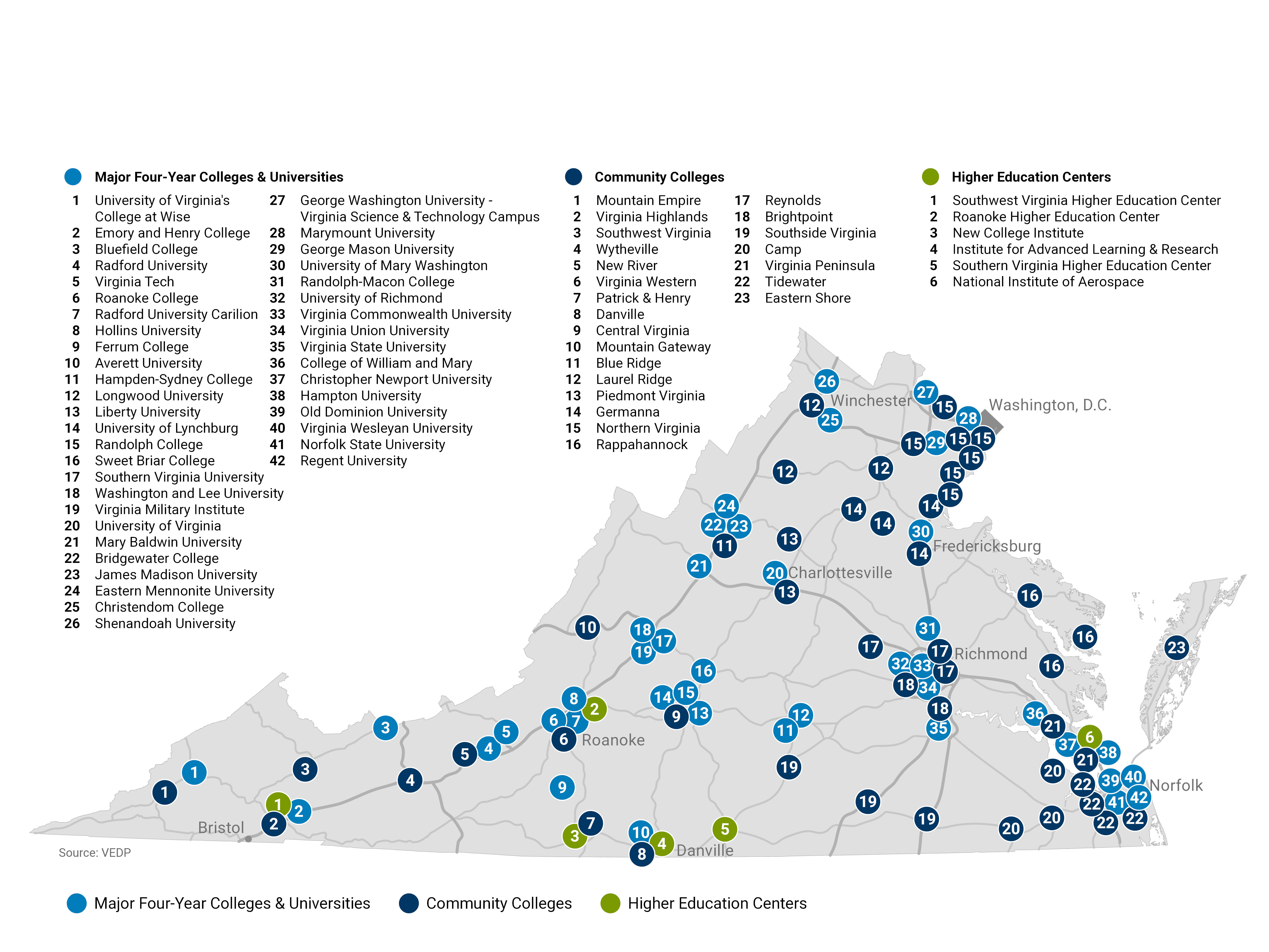 Map of all higher education colleges in Virginia