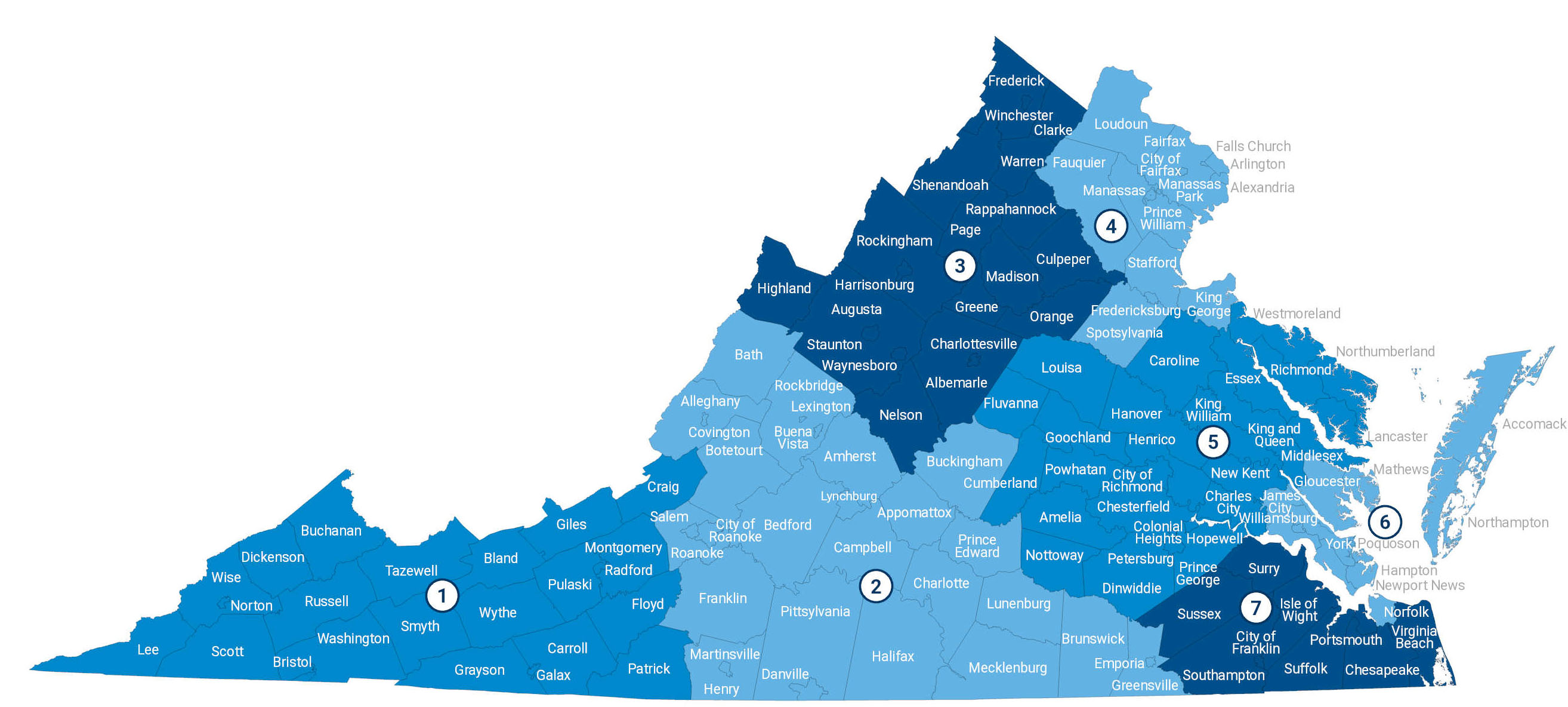 Map of Virginia with international trade regions