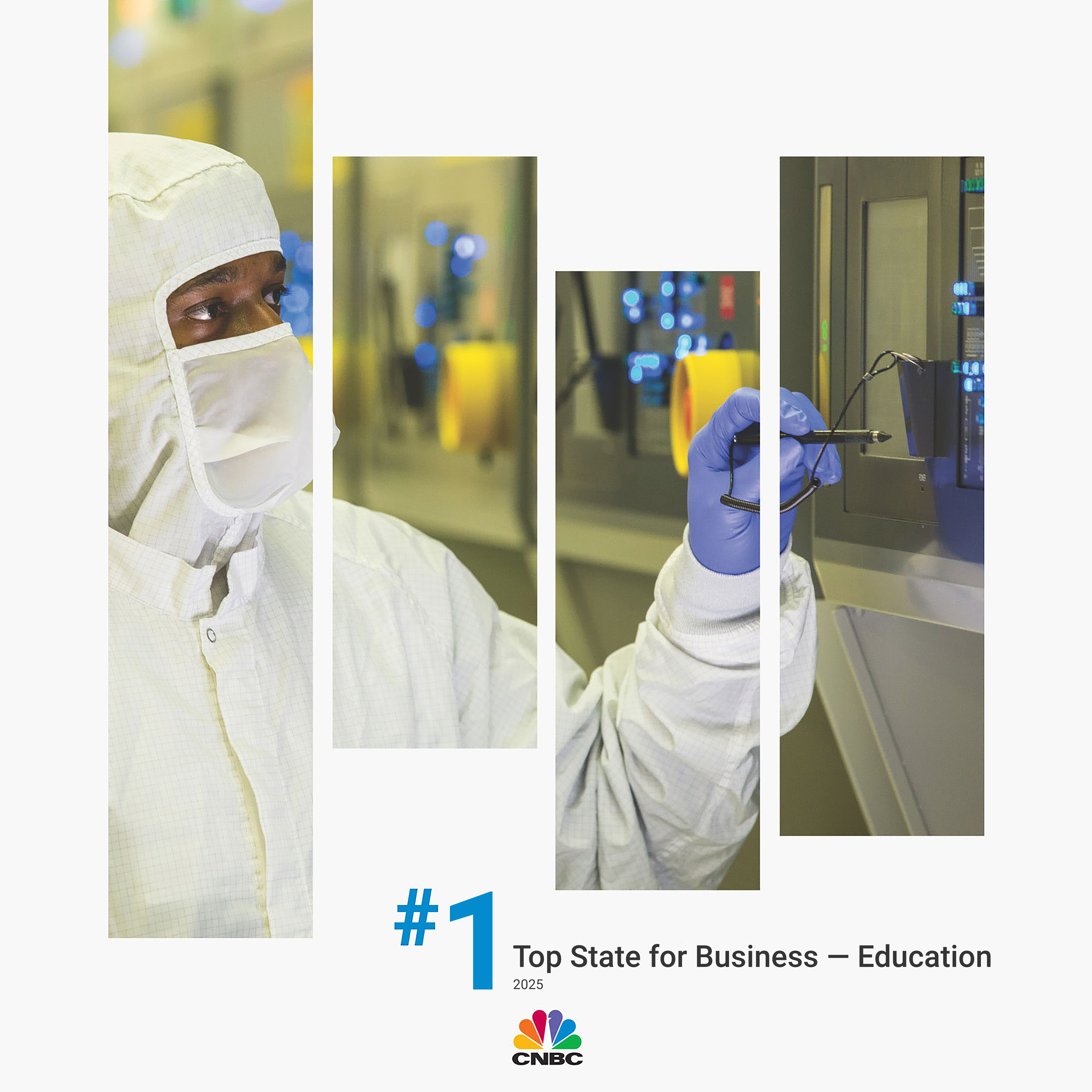A Micron employee with the "#1 Top State for Business - Education (2025)" ranking below with the CNBC logo.