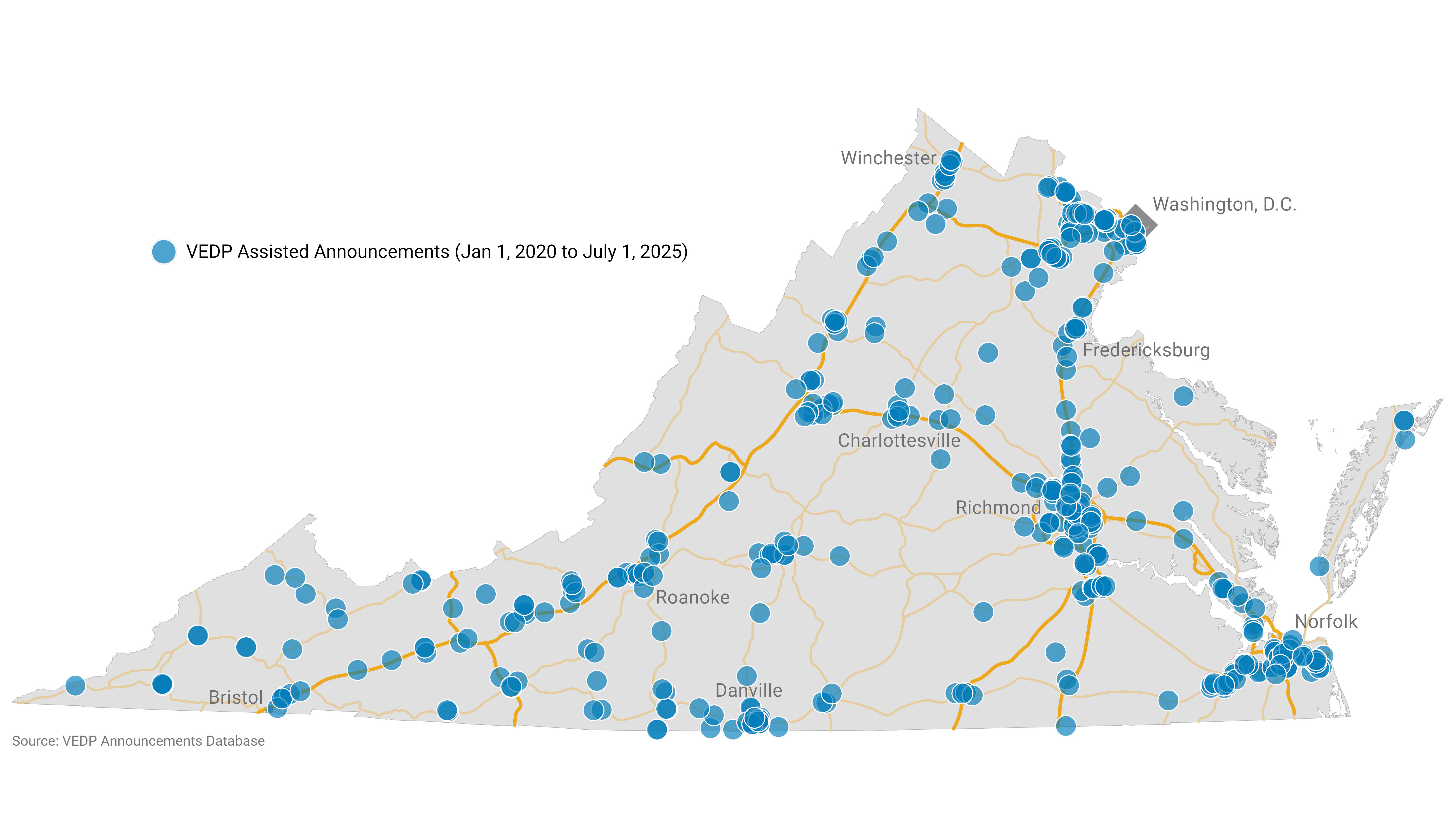 Map of Virginia with blue highlights of VEDP Assisted Announcements