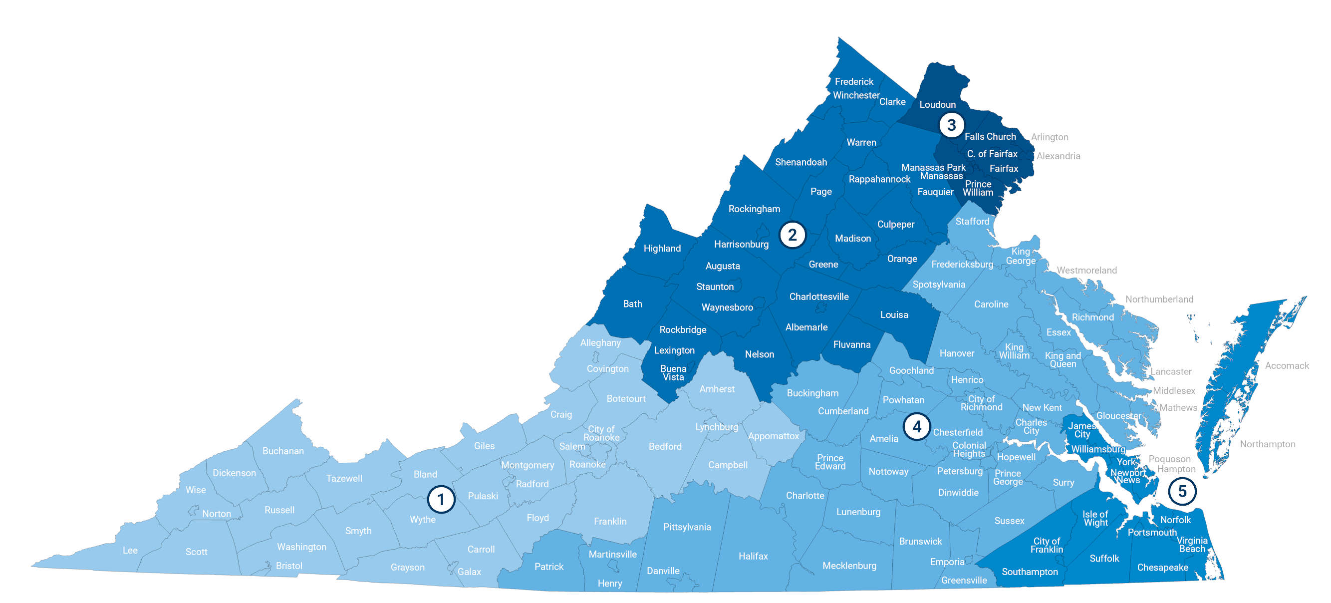 Regional Map of Virginia highlighting internshipsVA regions