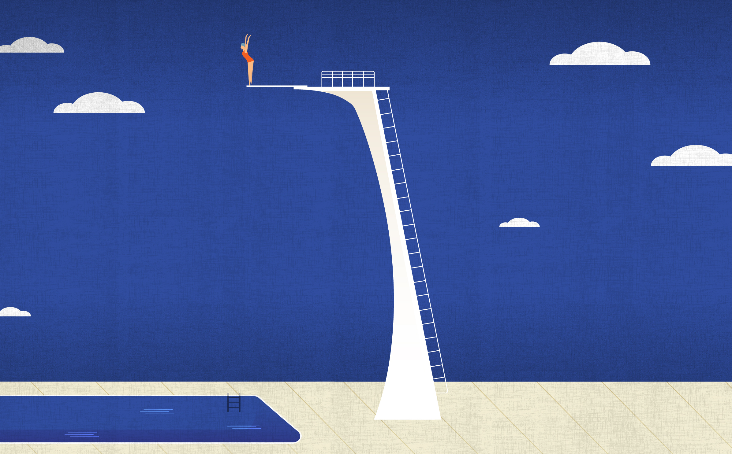 Graphic design of diver on a high dive board above a pool