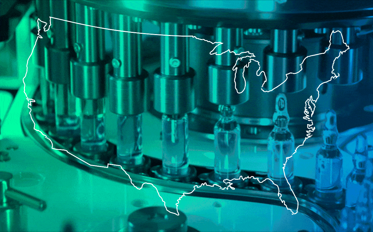 Vial on conveyor belt behind outline of US 