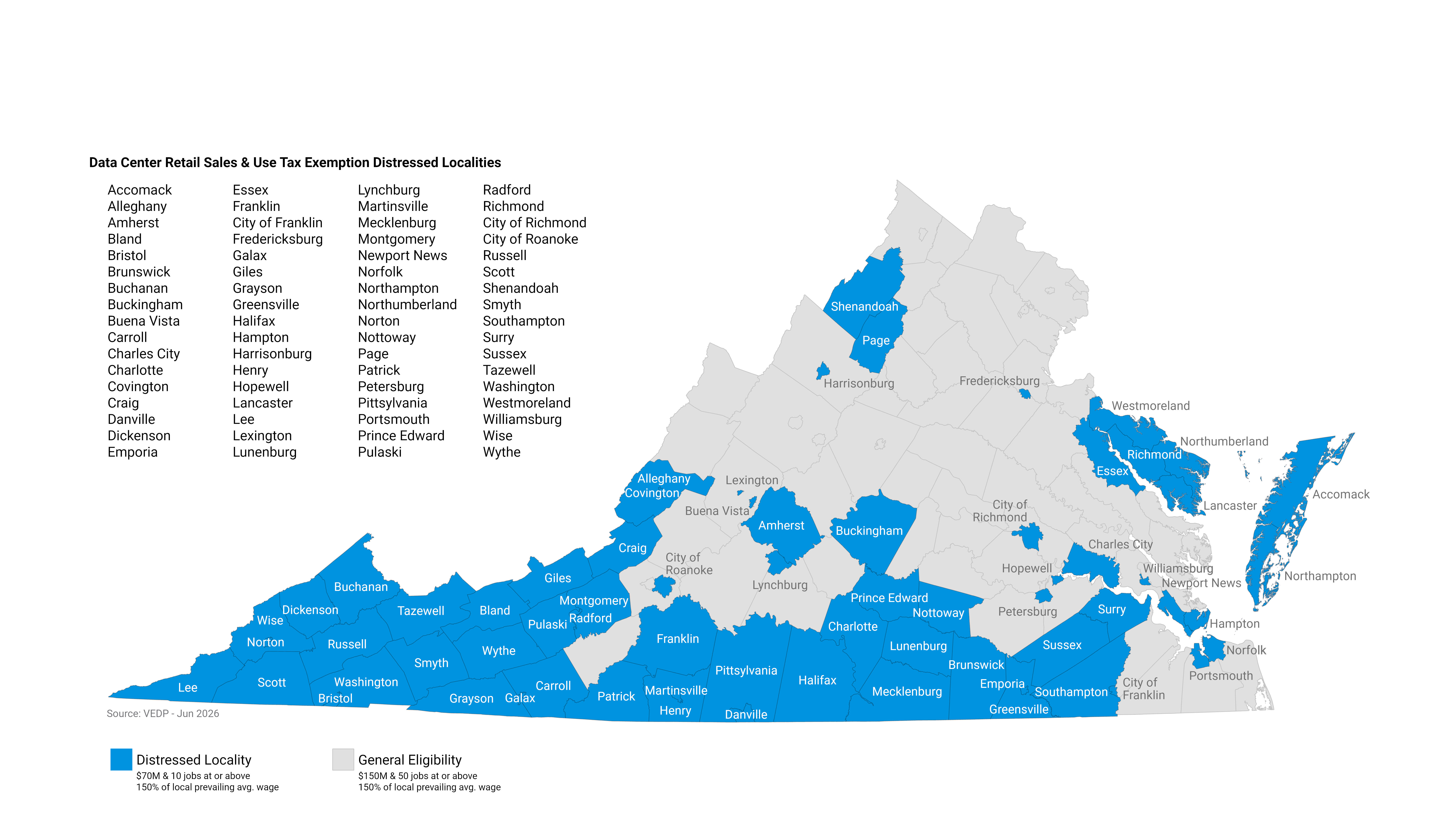 Data center retails and sales use tax exemption map of Virginia 