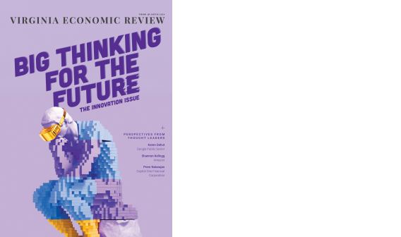 The Thinker statue with the body built from yellow, light blue and purple blocks, includes a headline that reads "Big Thinking for the Future"