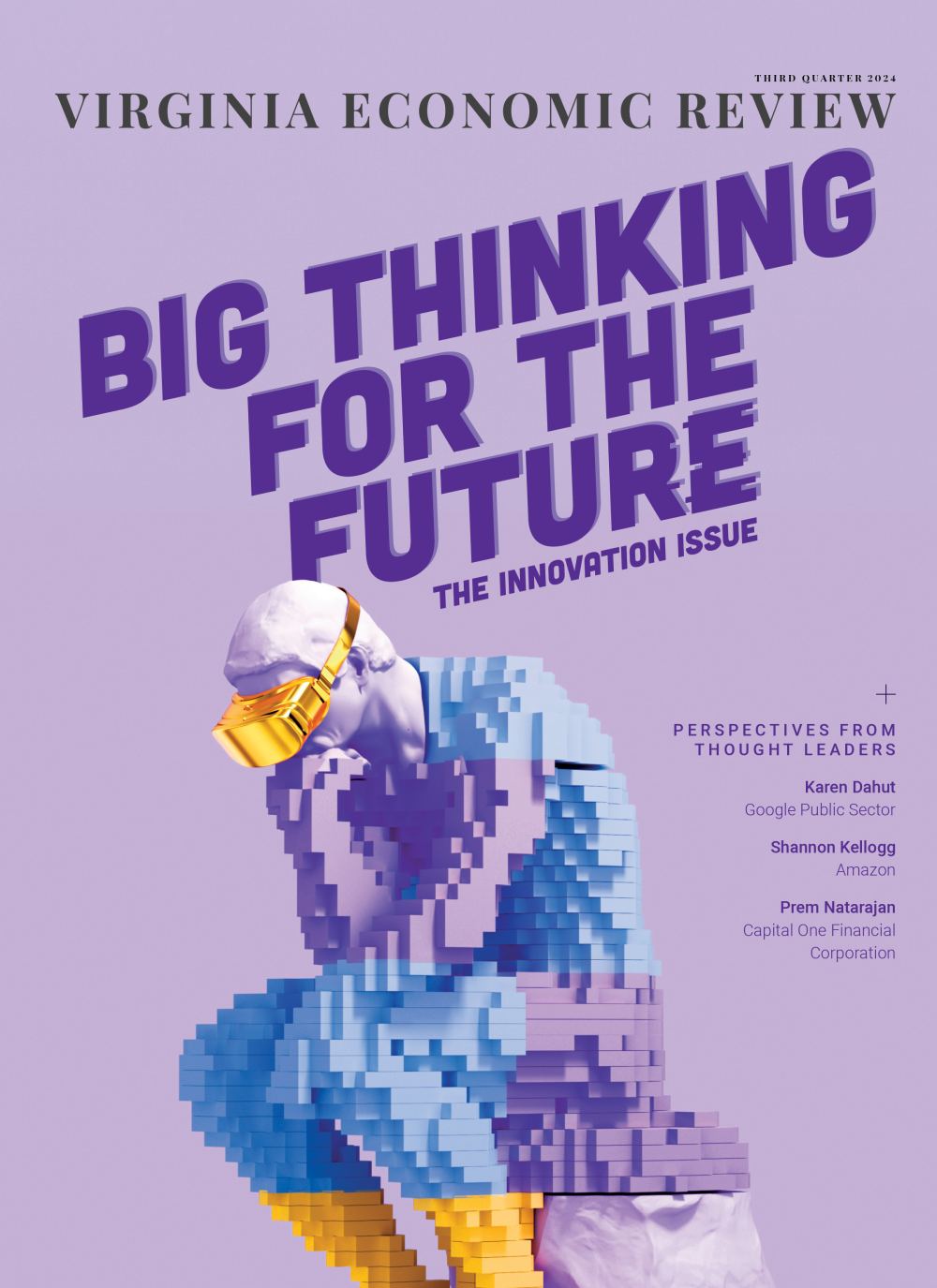 The Thinker statue with the body built from yellow, light blue and purple blocks, includes a headline that reads "Big Thinking for the Future"