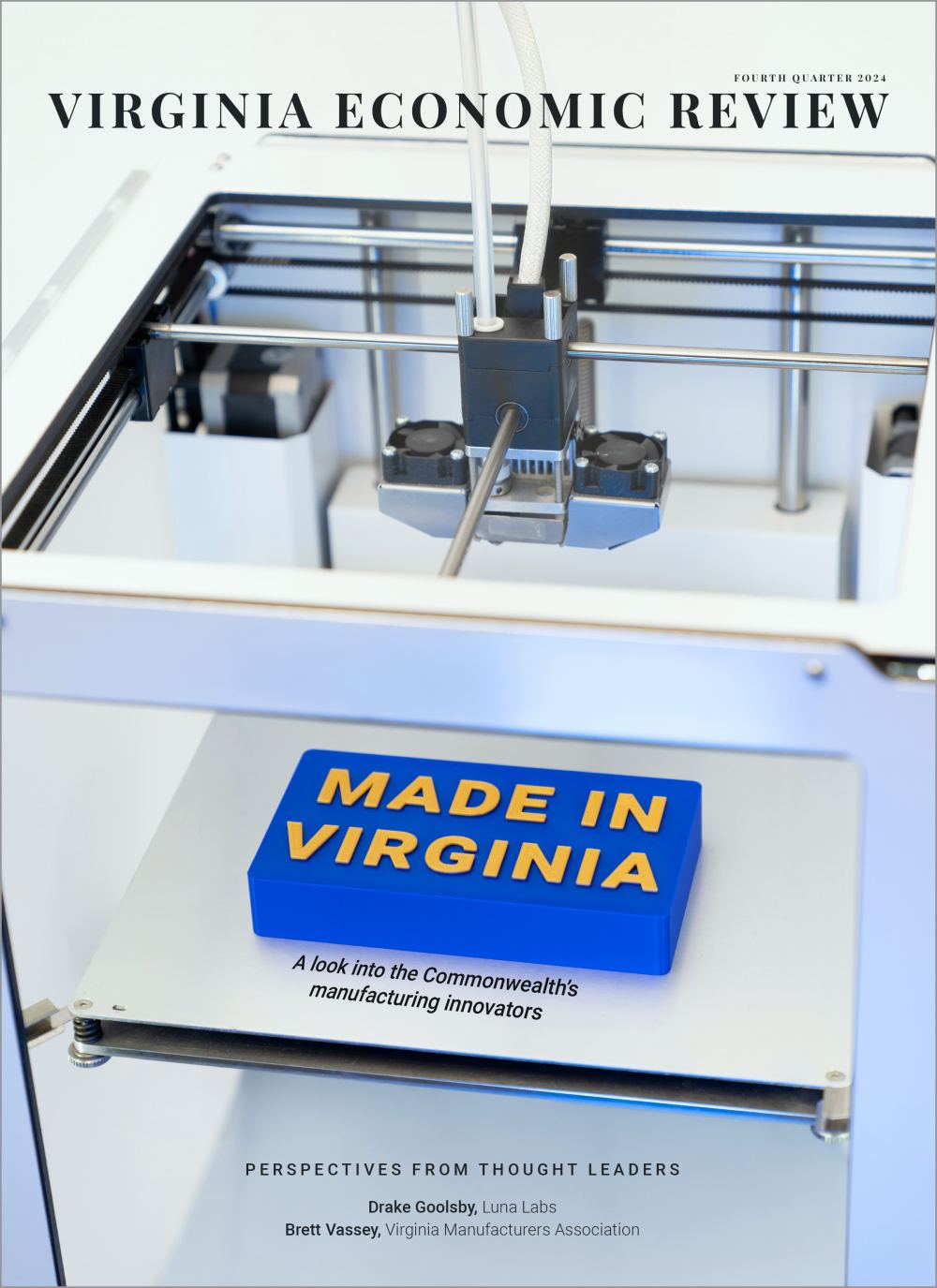 Front cover of the Virginia Economic Review features a 3D printer making a sign that reads "Made in Virginia."