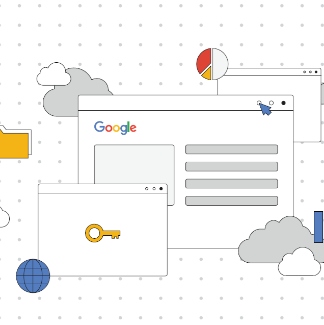 A series of web browser windows displayed with Google accent colors