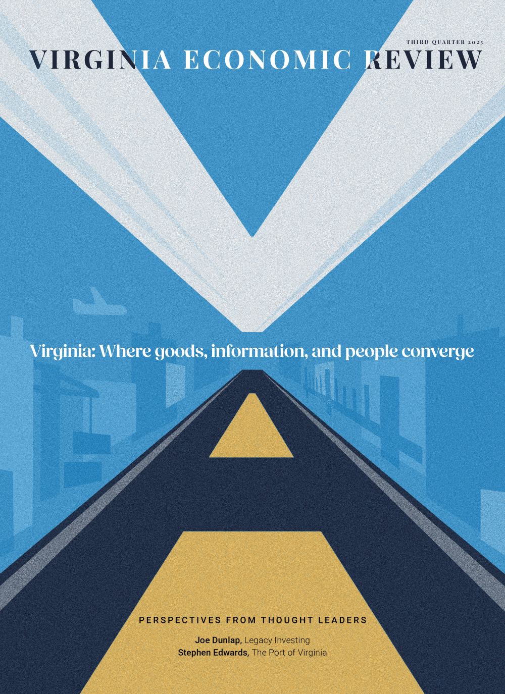 An illustration shows the pattern of a road - with yellow paint in the middle - and the tails of airplane exhaust. The two shapes make "VA."