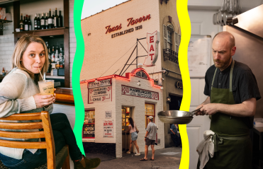 A collection of photographs showing a patron enjoying an Orange Crush, an exterior of a building and a chef in the kitchen.