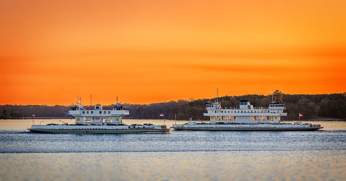 Jamestown-Scotland Ferry with sunset. 