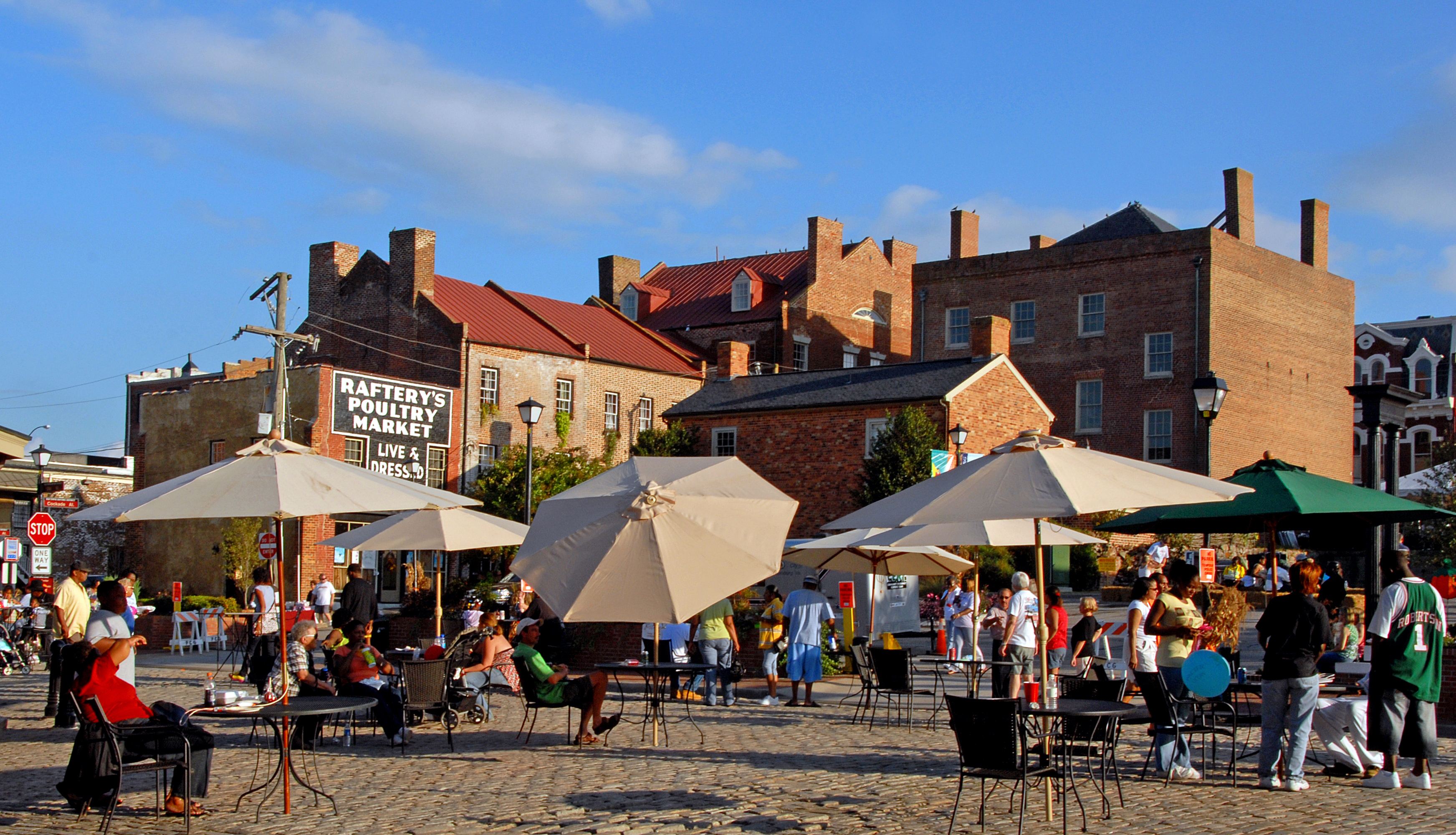 Crowd of people outside in Downtown Petersburg.