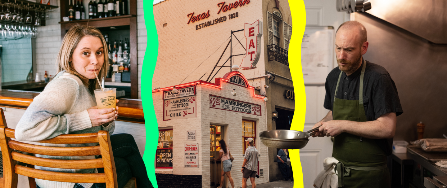 A collection of photographs showing a patron enjoying an Orange Crush, an exterior of a building and a chef in the kitchen.