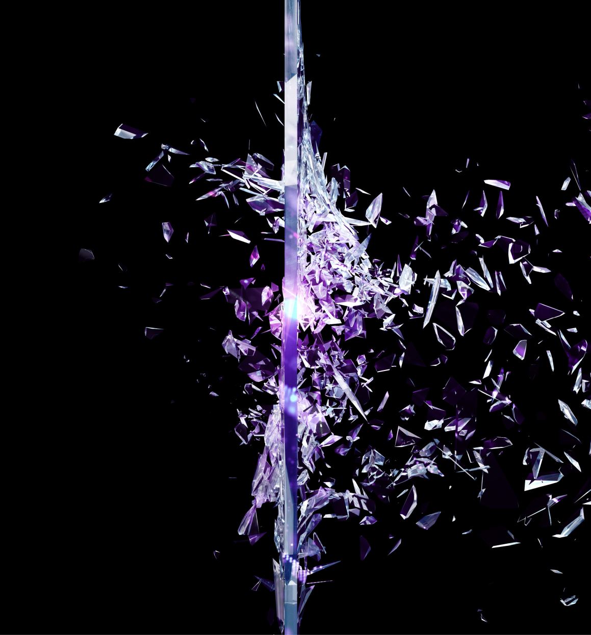 A black image of purple glass shattering 