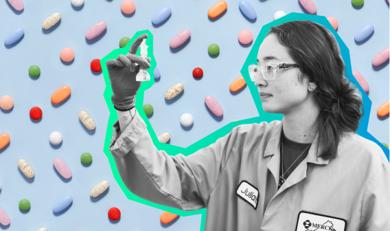 Merck scientist looking a vile. 