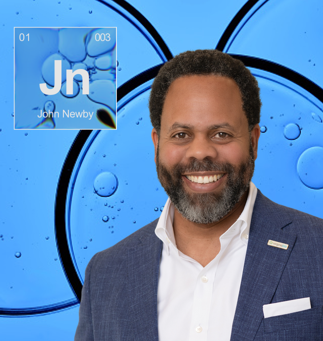 John Newby headshot with molecule background.