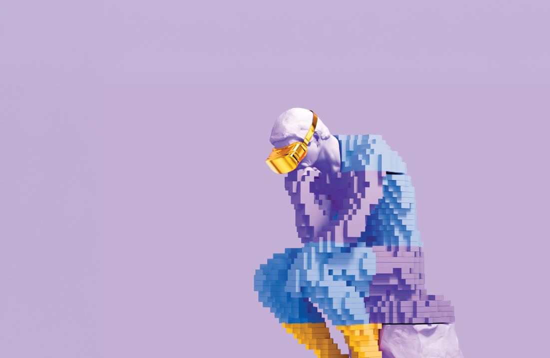 Thinker statue built out of a yellow, light blue and light purple block design