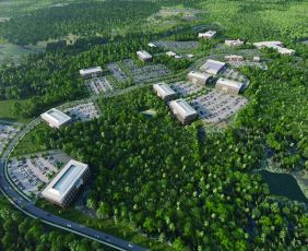 Aerial shot of the rendering of the Intelligence Community Innovation Acceleration Campus