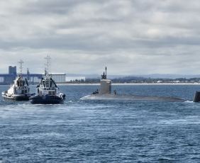 USS Hawaii submarine in water 