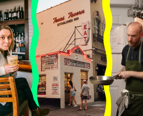A collection of photographs showing a patron enjoying an Orange Crush, an exterior of a building and a chef in the kitchen.